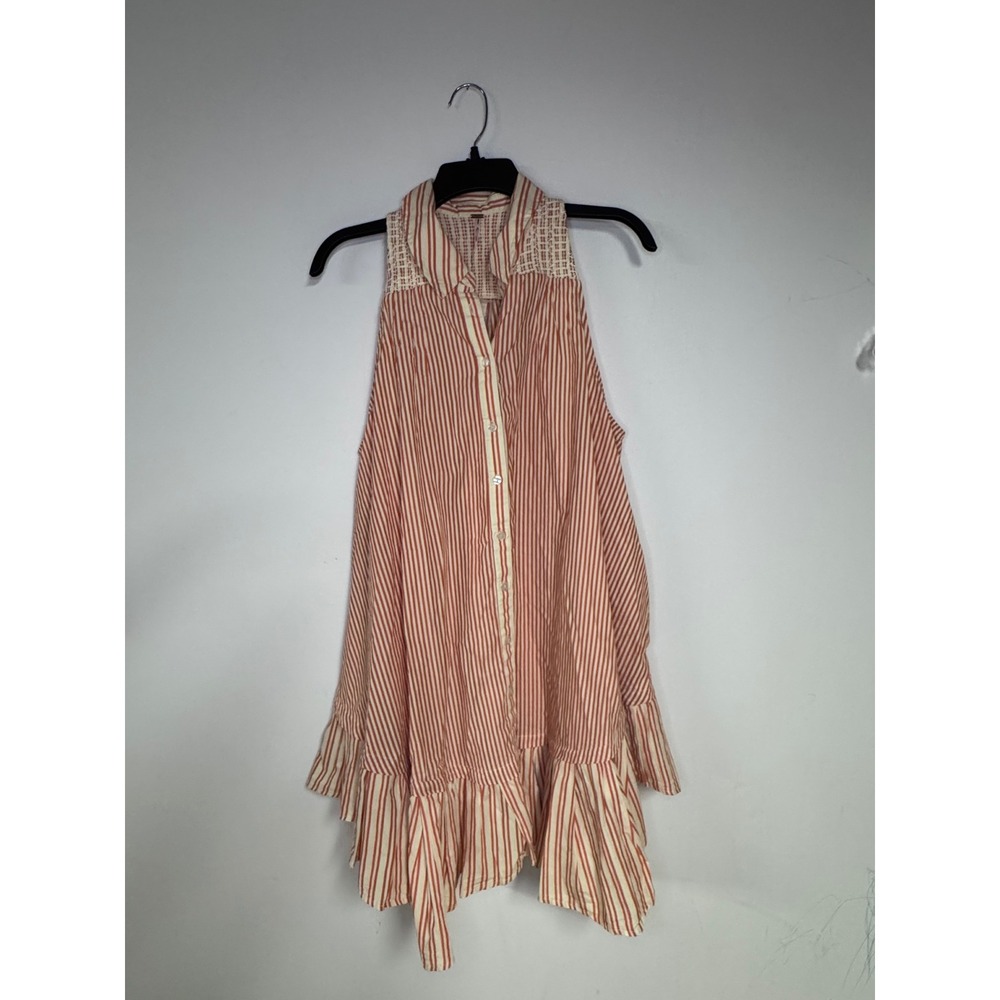 Free People Sleeveless Striped Ruffle Mini Dress Orange Cream Cotton Small NEW - Picture 3 of 11